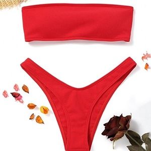 Cherry red lace up Brazilian bikini 👙